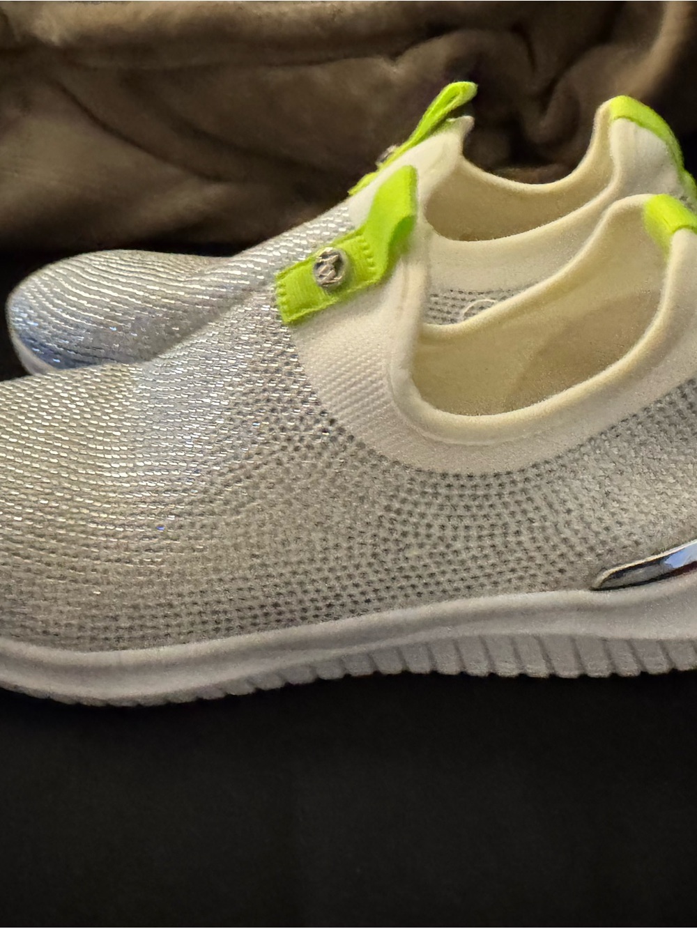 Nine West White Knit Slip-On Sneakers with Neon Yellow Tabs